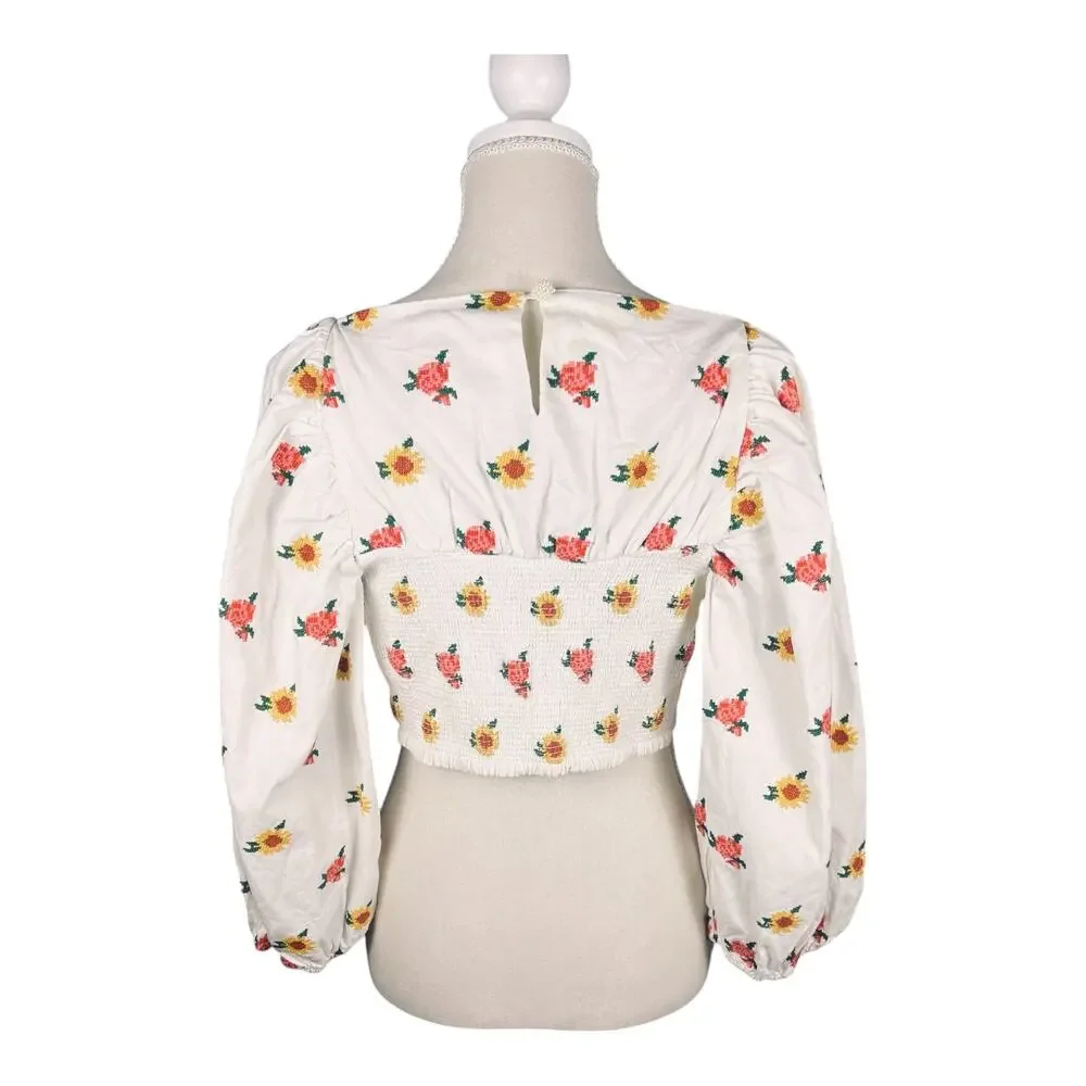 Farm Rio Mixed Cross Stitch Flowers Embroidered Crop Top Puff Sleeve Bow M NWT